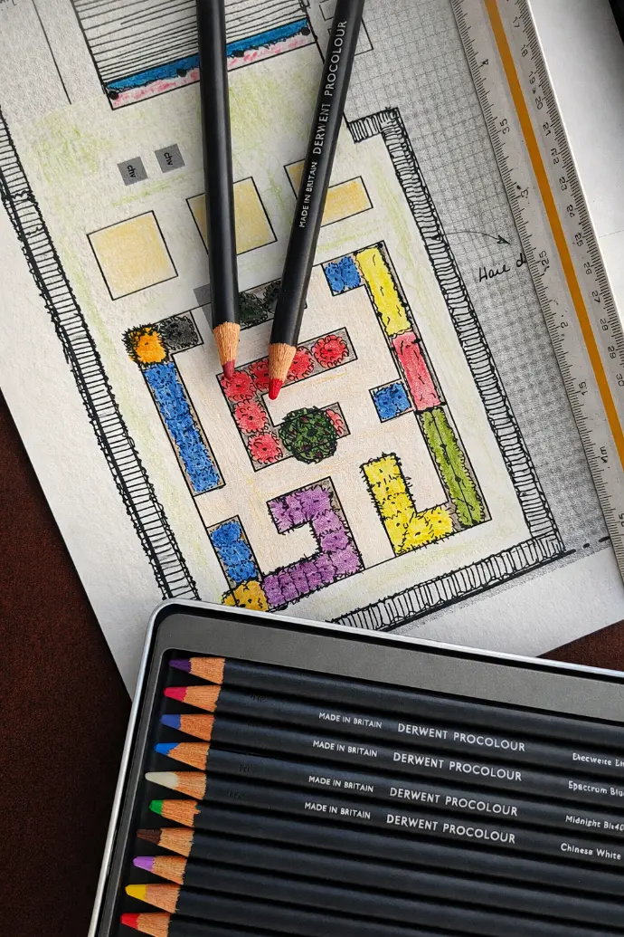 Plan d’aménagement de jardin dessiné à la main pour un projet paysager sur mesure et personnalisé